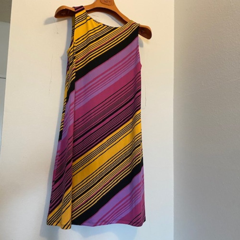 JB Julie Brown Size M Tank Dress NWT Style 3006 Diagonal Stripe Gold Purple Pink